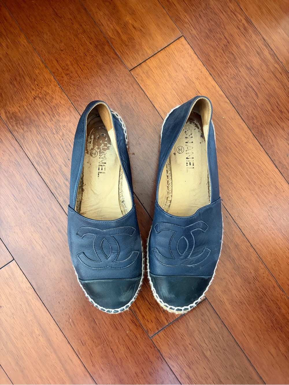 CHANEL Navy and Black Leather Espadrille Flats